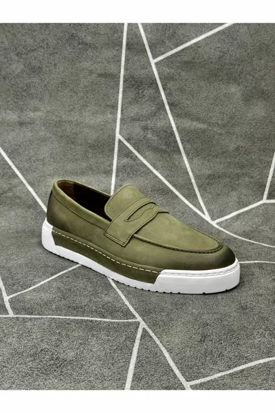 Scarpe mocassino in vera pelle nabuk verde kaki