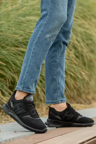 Erkek Siyah Casual Hafif Rahat Spor Ayakkabı Esnek Kaymaz Taban Desenli Dayanıklı Sneaker