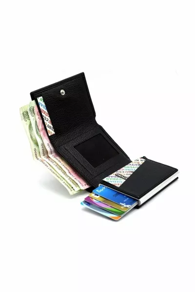 Black Men's Genuine Leather Mechanism Wallet Card Holder 