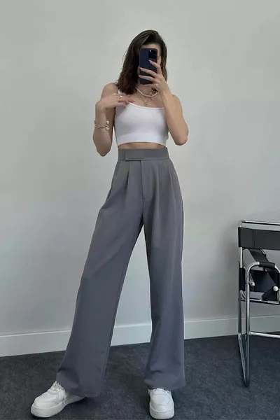 Pantaloni Palazzo con Velcro Vita Alta Da Donna