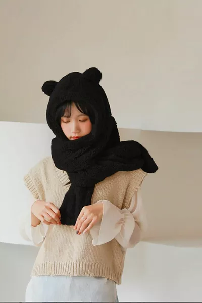 Черный плюшевый шарф с капюшоном, женский велмягкий флисовый шейный бандаж, шаль, ветрозащитная шапка с ушами