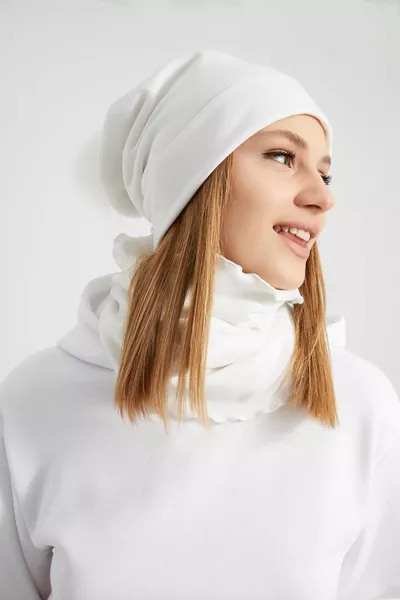 женский молодой девушка, белый, меховая шапка с помпоном шапочка шапочка бини бандаж для шеи -спортивный, удобный, хлопок, термо