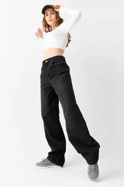 Geräucherte Schnalle Detaillierte lockere Passform Weites Bein Bequeme Baggy Jeans Denim Shabby Damenhose @milano