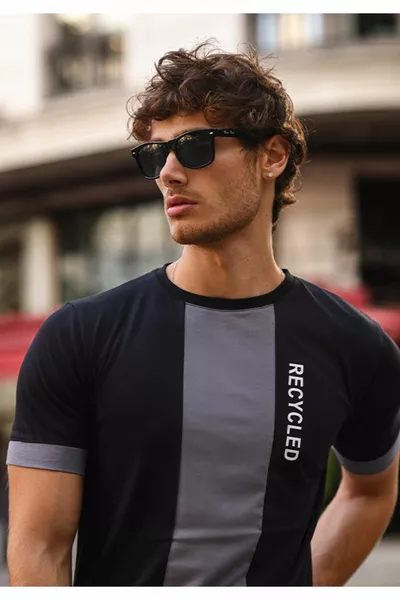 أسود مطبوع سليم صالح الرجال تي شيرت  ٪ القطن طاقم الرقبة تي شيرت