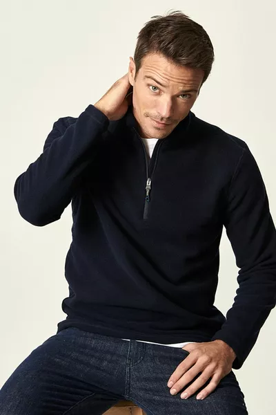 Мужская темно-синяя анти-пиллинг без пиллинга стандартная посадка бато воротник холодостойкая флисовая толстовка