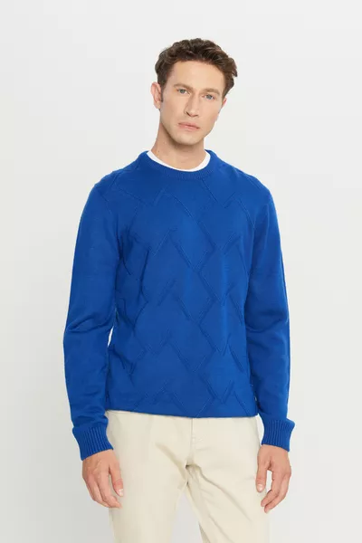 كنزة رجالية من الصوف باللون الأزرق الملكي، قياس عادي، قصة عادية، بياقة دائرية، منسوجة بنمط جاكار