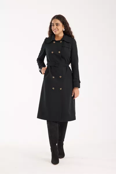 Women's Black Button Closure Lined Trench Coat with Water-Repellent Feature 