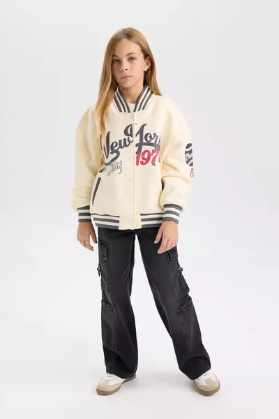 Girl's Printed College Collar Bomber Cardigan with Soft Furry Interior WN
