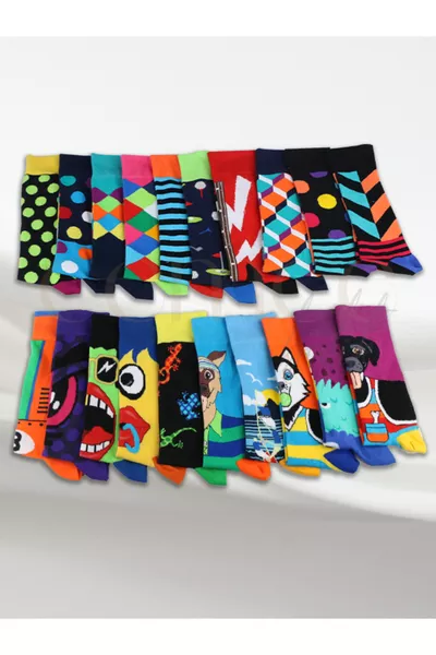 6-Pack Socks with Striped Pattern, Fun Cartoon Design, Multicolored, Unisex Socks for Men and Women
