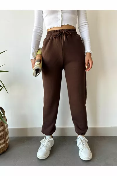 Dames Bruine Winter Joggingbroek met Dikke Fleece Voering, Hoge Taille en Elastische Boorden, Basic