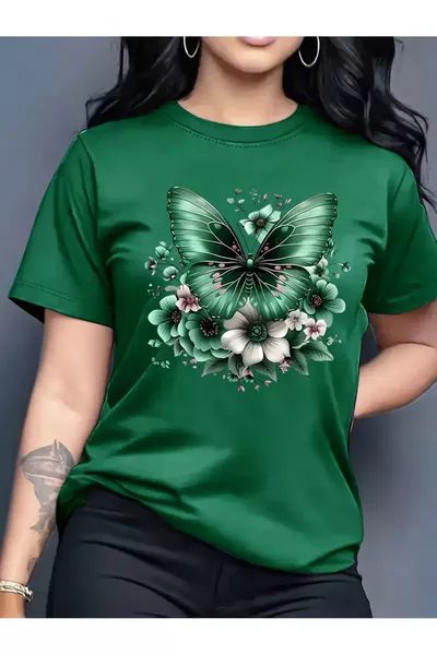 Dames T-shirt met Pink Butterfly & bloemenprint
