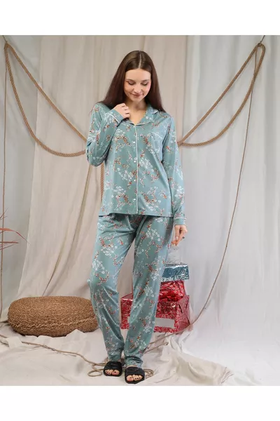 طقم بيجامة مزدوج بأكمام طويلة بنقشة الزهور الخضراء
