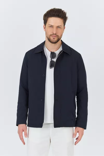 سترة رجالية صيفية من القطن باللون الأزرق الداكن على طريقة السافاري