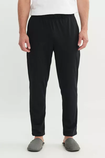 Herren Schwarze Baumwoll-Pyjama-Hose Standardfit Normalschnitt Mit Elastischem Bund Und Taschen