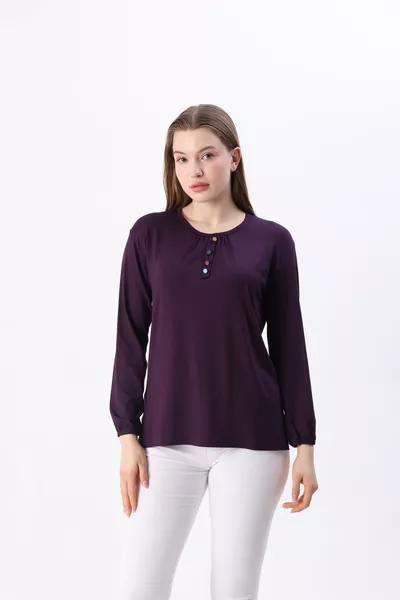 Женская футболка с лайкрой для женщин среднего возраста и старше на все сезоны, фиолетовая, с рисунком пуговиц, рукава на резинке