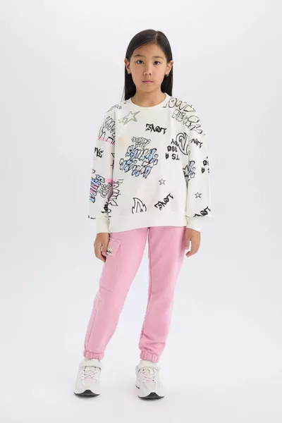 Kız Çocuk Oversize Geniş Kalıp Bisiklet Yaka 3D Baskılı Sweatshirt WN