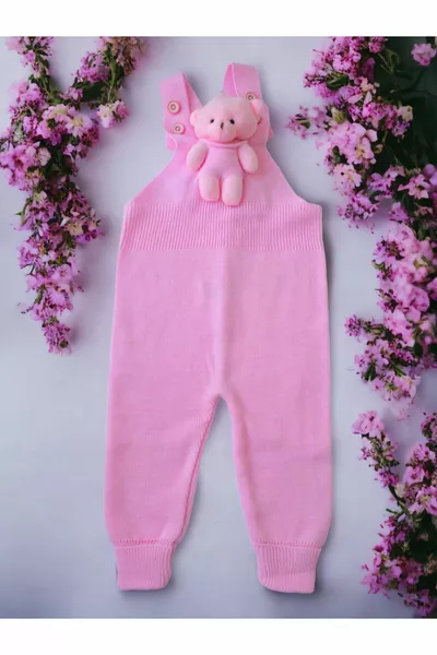 Salopette tricotée pour bébé et enfant avec boutons et petit ours, rose