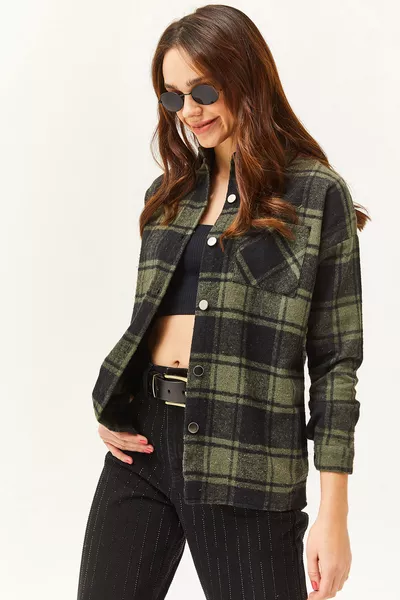Women's Khaki Black Thick Plaid Lumberjack Shirt with Single Pocket 