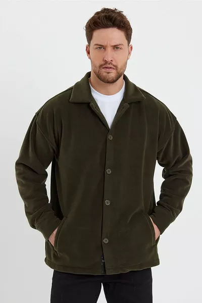 Cardigan polar kaki uomo oversize a taglio ampio, antivento e anti-pellicciamento con colletto, 