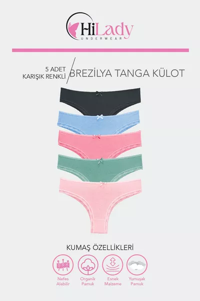 Kadın Brezilya Külot 5'li Paket, Yumuşak Pamuklu Kumaş, Koyu Soft Külot