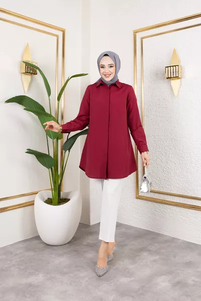 Women's Burgundy Terikoton Hidden Button Boyfriend Hijab Shirt