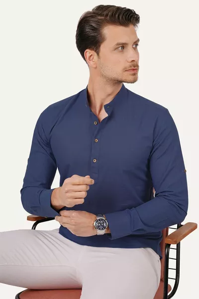 Indigo Hakim Yaka Üç Düğmeli Slimfit Keten Kutulu Gömlek