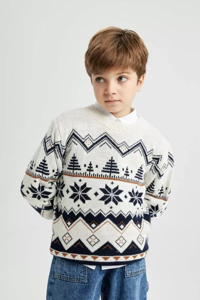 Boys' Christmas-Themed Bicycle Neck Knit Sweater CW