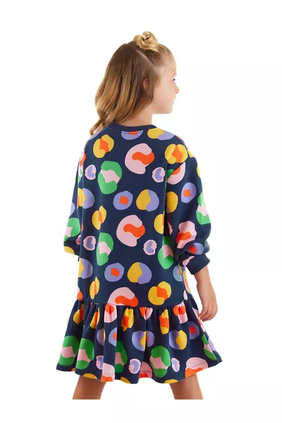 فستان فتاة صغير باللون الكحلي مزين بالزهور الملونة