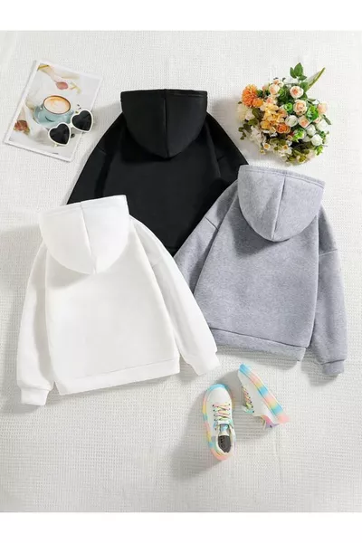 سويت شيرت للأطفال 3 قطع بقبعة، قلوب وحزام قلب، ألوان أسود ورمادي وأبيض، للبنات والأولاد