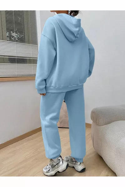 Happiness Спортивный Костюм Свитшот Джоггеры - Голубой с Принтом, Оверсайз, С Меховым Подкладом и Капюшоном