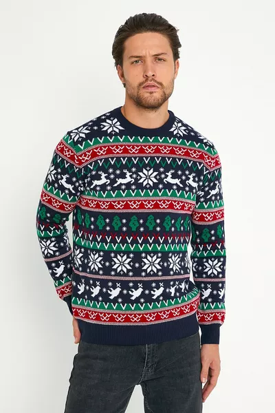 سويتر رجالي كريسماس باللون الأزرق الداكن والأحمر