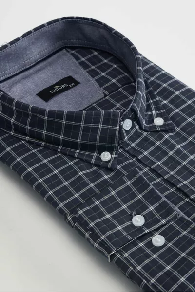 Plus Size Button-Down Collar Small Check Cotton Men's Shirt