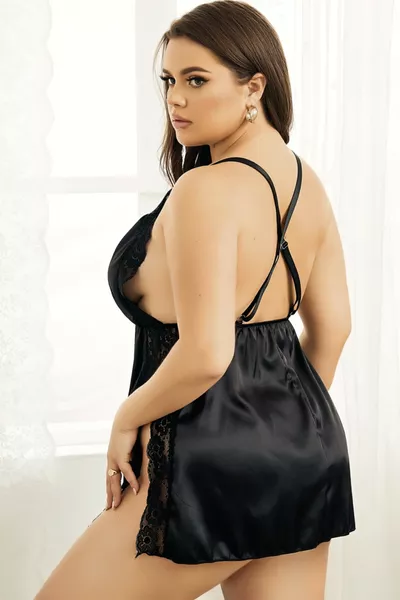Women's Plus Size Satin Nightgown with Slits on the Sides