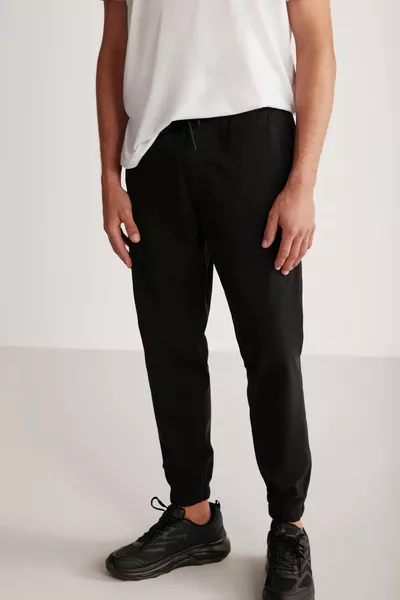 Jakob Men's Woven Washed Black Pants with 4 Pockets, Thick Texture, and Elastic Hem