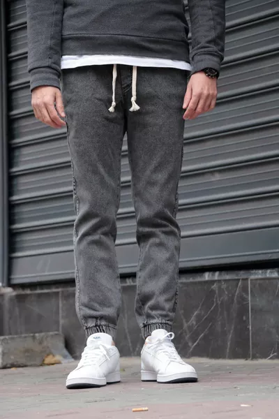 Men's Jogger Jeans – Gray, Elastic Waist & Cuffs, Washed Denim