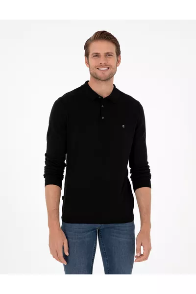 Maglione Basic Nero a Collo Polo Slim Fit 