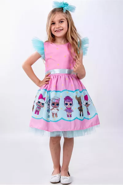 Pink Baby Patterned Tulle Detailed Girls' Party Dress