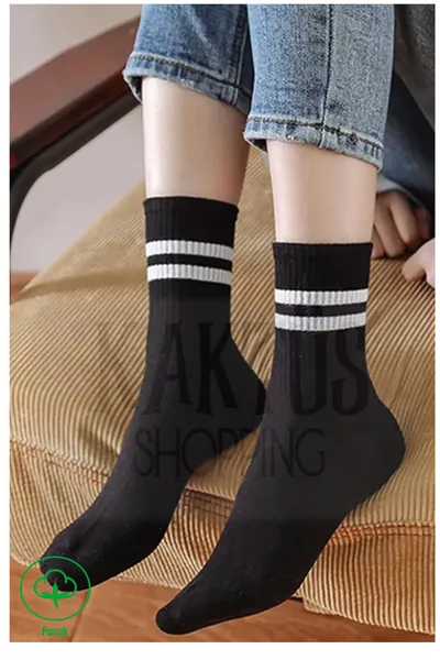 6 Çift Siyah Unisex Çizgili Tenis Kolej Çorap