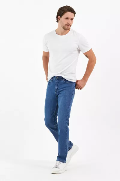 بنطال جينز رجالي للآباء، بخصر عالٍ، ساق واسعة، بكاميرا عادية بسحاب، بلون أزرق متوسط