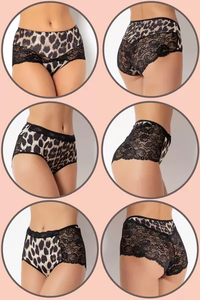 طقم اقتصادي مكون من 3 سراويل داخلية نسائية بنقشة فهد سوداء، خصر عالٍ مع دانتيل 