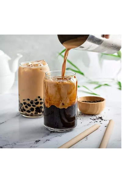 Set of 2 Borosilicate Glass Cups with Glass Straws in the Shape of a Cola Can, for Serving Milk and Fruit Juice (Set of 4)