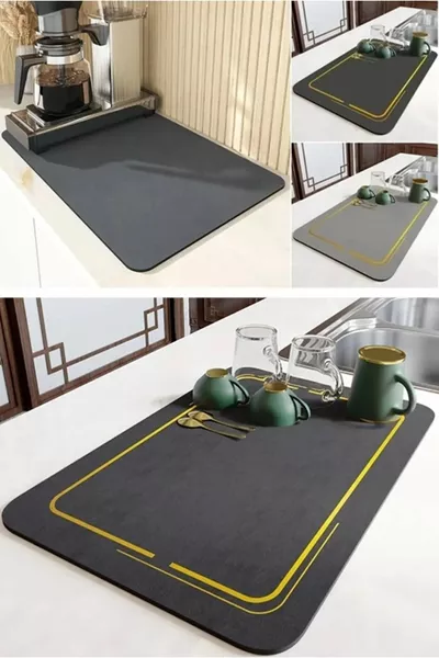 Bulaşık Kurutma Örtüsü Siyah Tezgah Üstü Bulaşık Matı Süper Emici Bulaşıklık