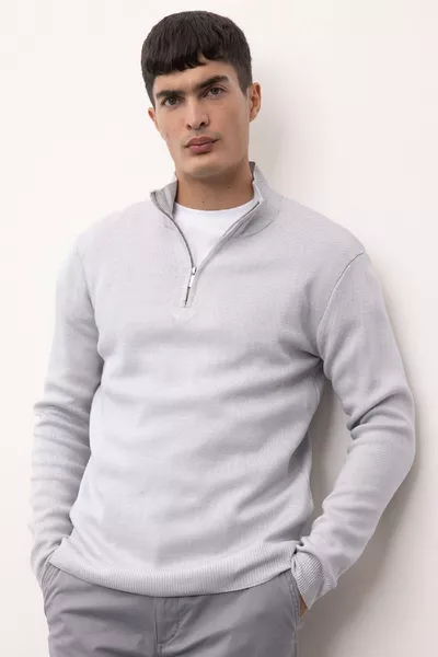 Maglione basic grigio a maglia liscia, fit standard, taglio normale, collo alto con zip au