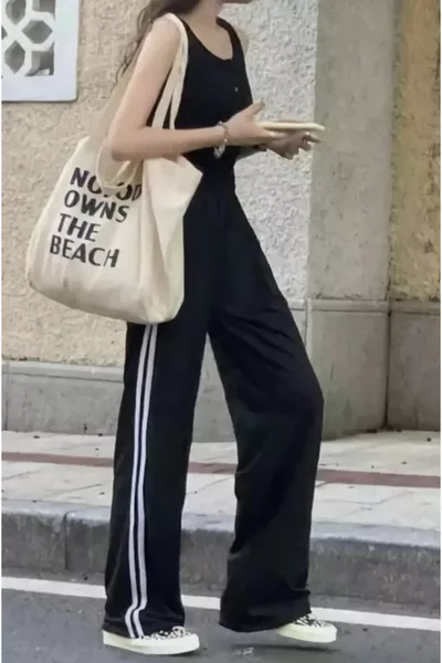 Schwarze Double Stripe Damen Jogginghose mit weitem Bein