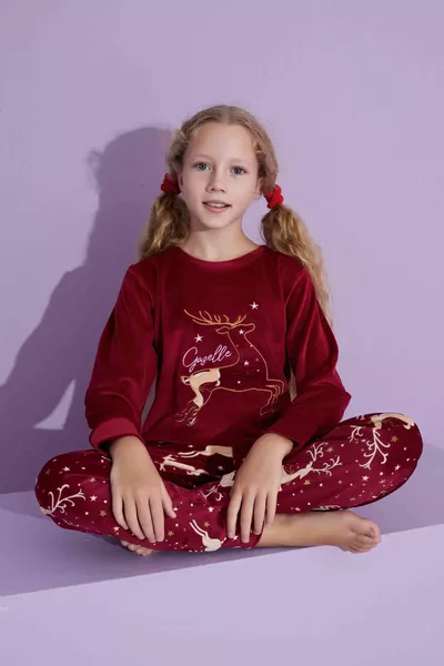 Girl Teen and Child Deer Pattern Long Sleeve French Velvet Fabric Winter Warm Pajama Set 