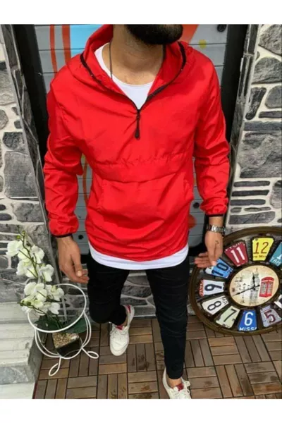 Unisex Red Thin Kangaroo Pocket Raincoat