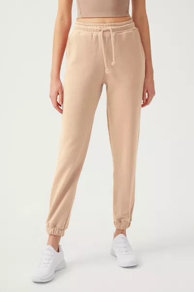 Damen Jogginghose mit elastischem Saum in Beige mit Kordelzug