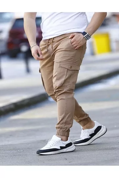 likralı beli ve paçası lastikli kahverengi kargo pantolon