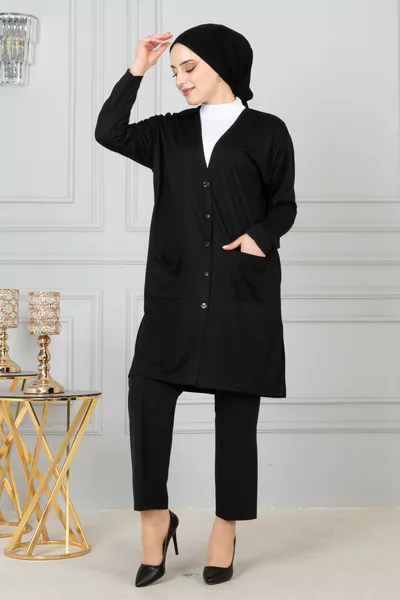 Women's Black Long Slim Cotton Cardigan