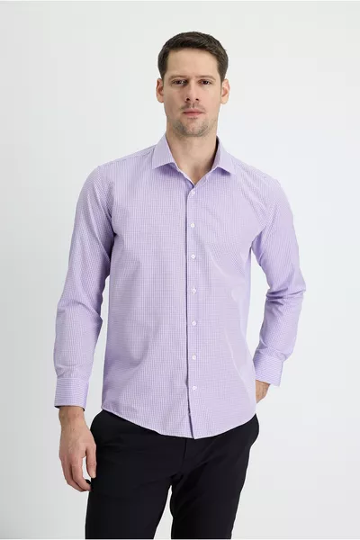 Риза с дълъг ръкав, тънка кройка, права, каре, памучна, лесна за гладене